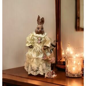 Vintage Victorian Rabbit Bunny Floral Tisket Tasket Basket Figurine, 10” Easter